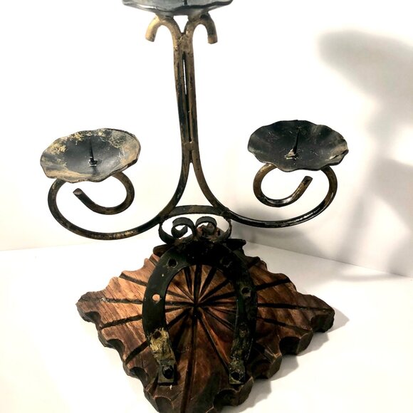 Wooden Vintage Brutalist Candelabra with horseshoe base. Made in Spain. - Picture 2 of 8